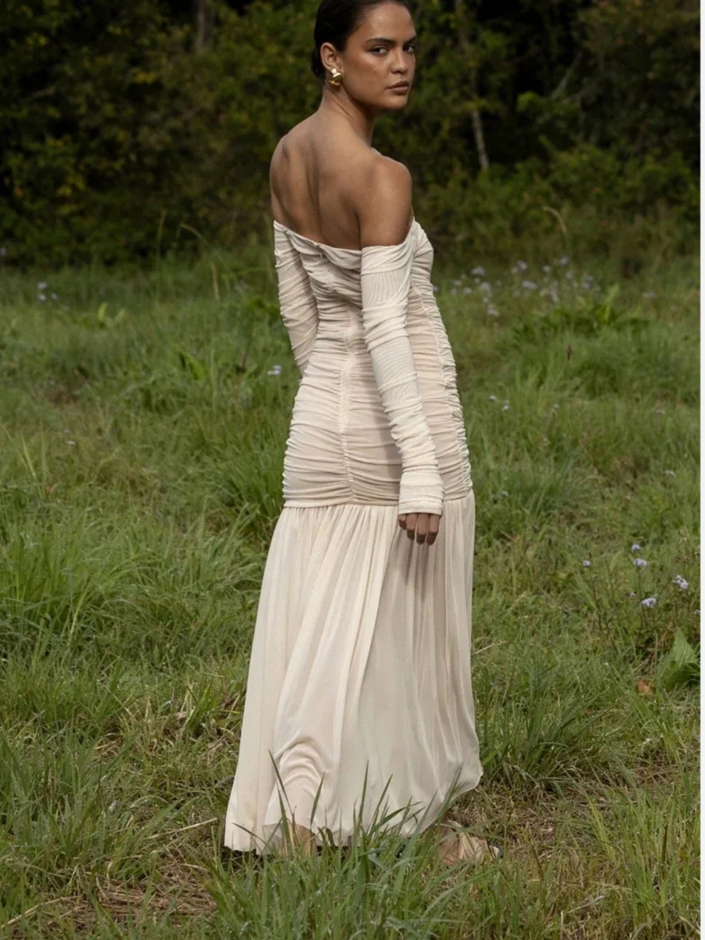 NWOT Rosetta Getty Ruched Strapless Maxi Gown Detachable Sleeves Cream L